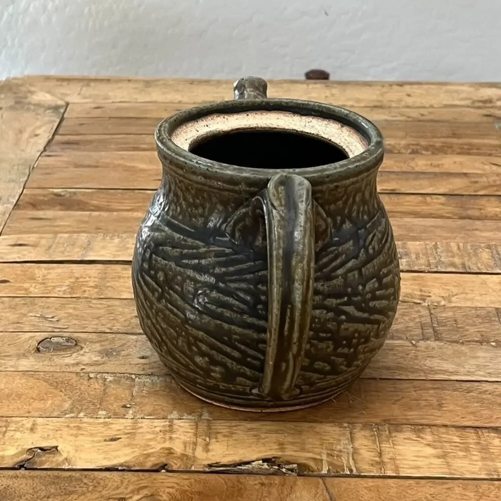 Handmade Stoneware Pottery Teapot Dark Green Textured Finish Artist Signed